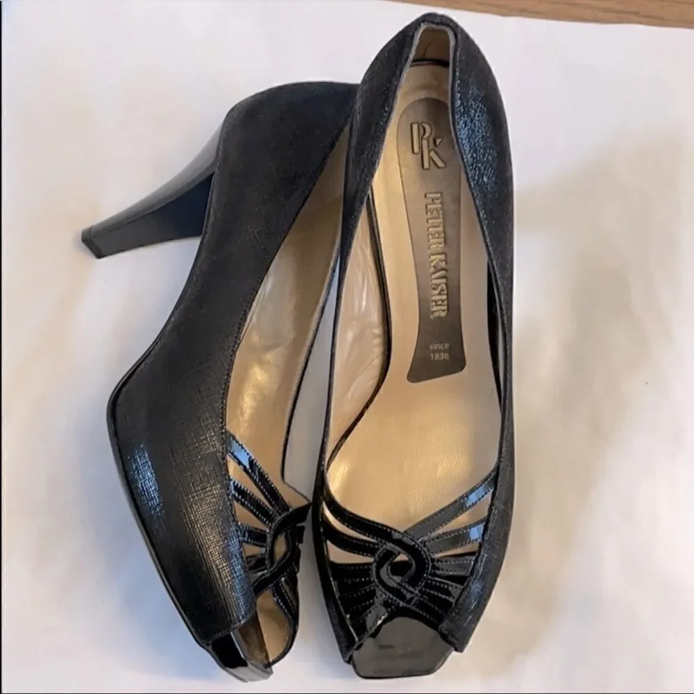 PETER KAISER BLACK PATENT OPEN TOE SHOES. …